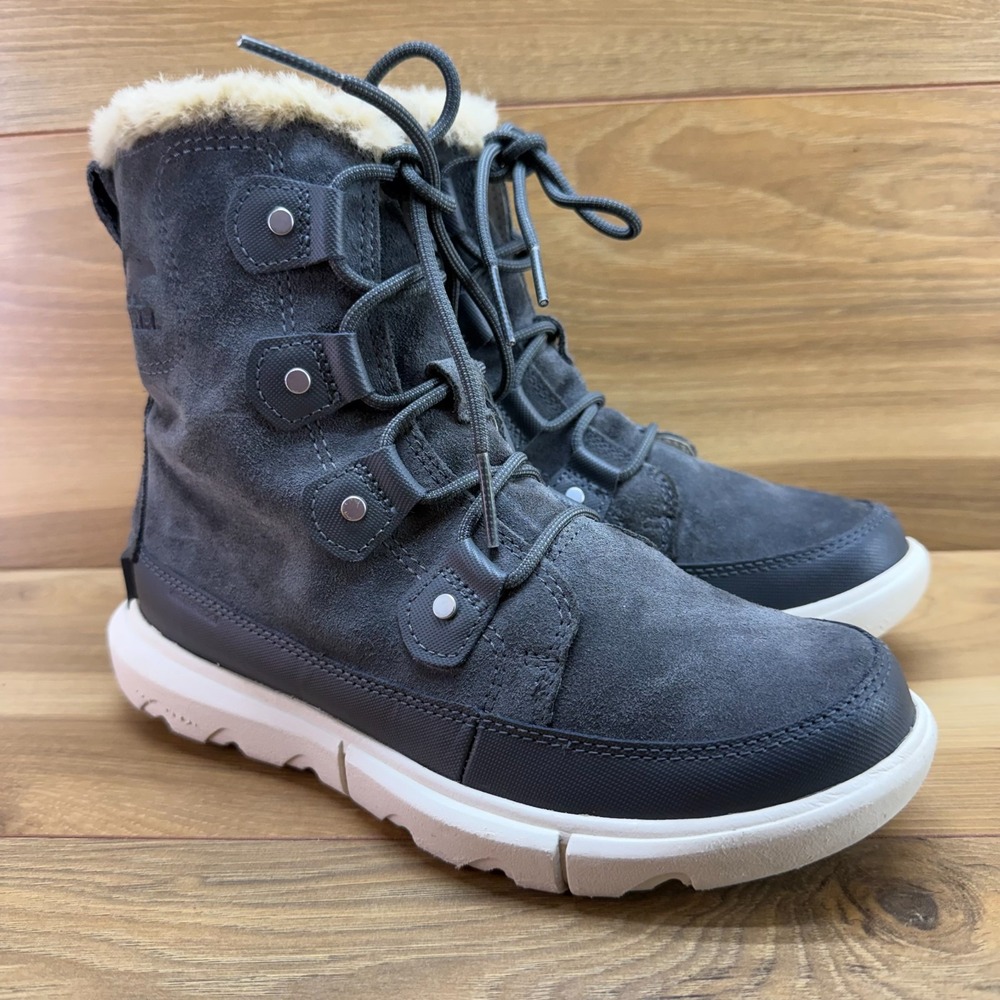 SOREL Explorer II Joan Boots Womens 7.5 Gray Suede Waterproof Faux Fur Gorpcore